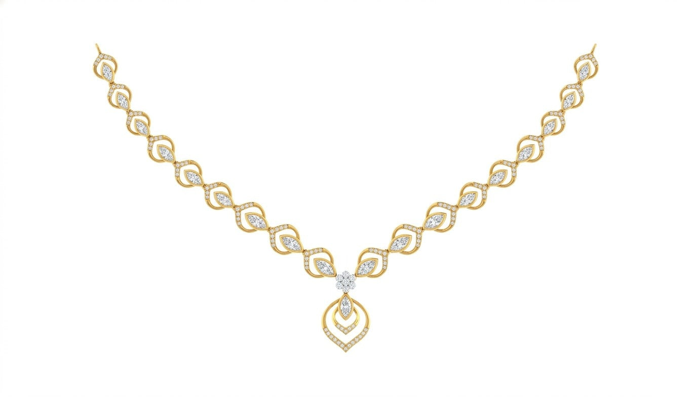 Yellow gold necklace with diamond accents on a white background