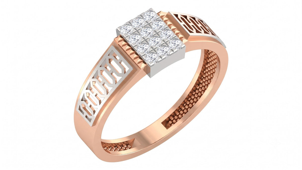 A men's signet-style ring in rose gold with a square diamond cluster center, shown on a plain white background.