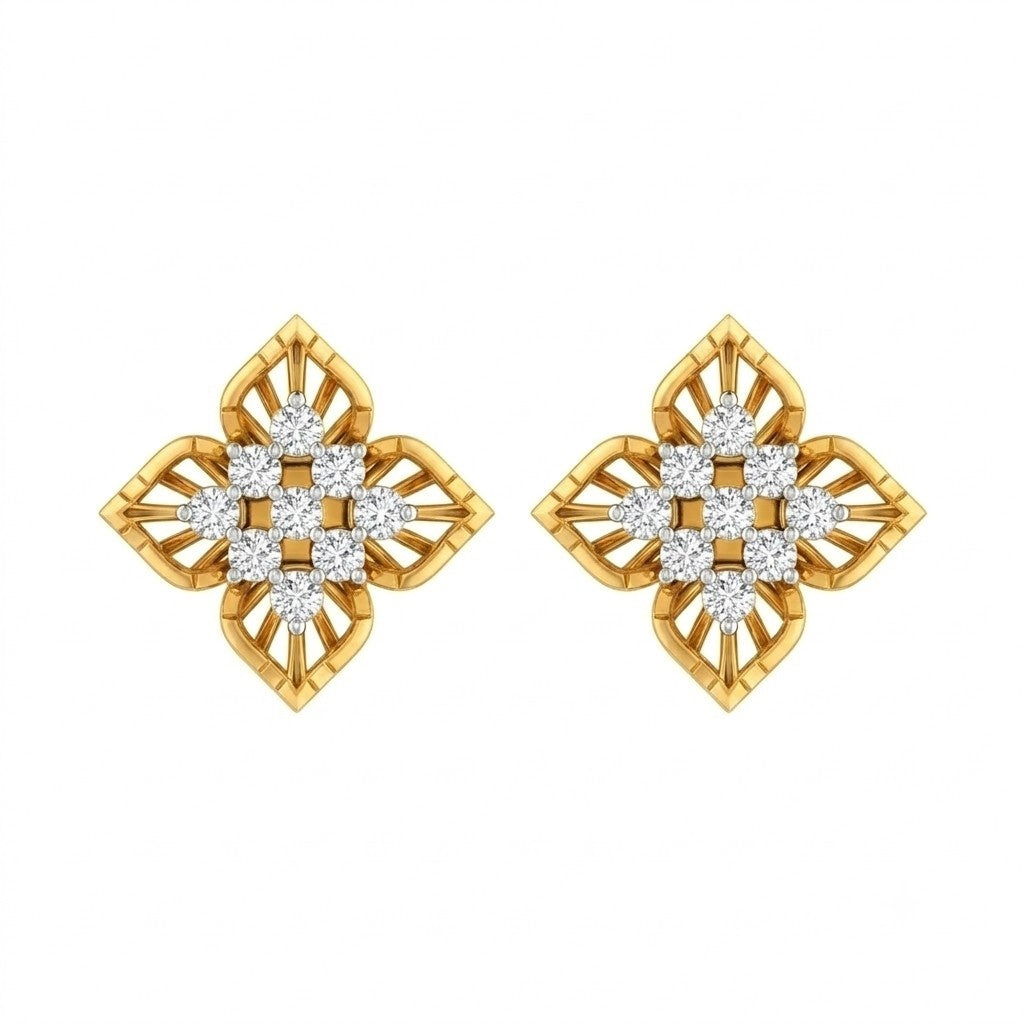 A Pair of yellow gold and diamond floral-shaped stud earrings on a white background.