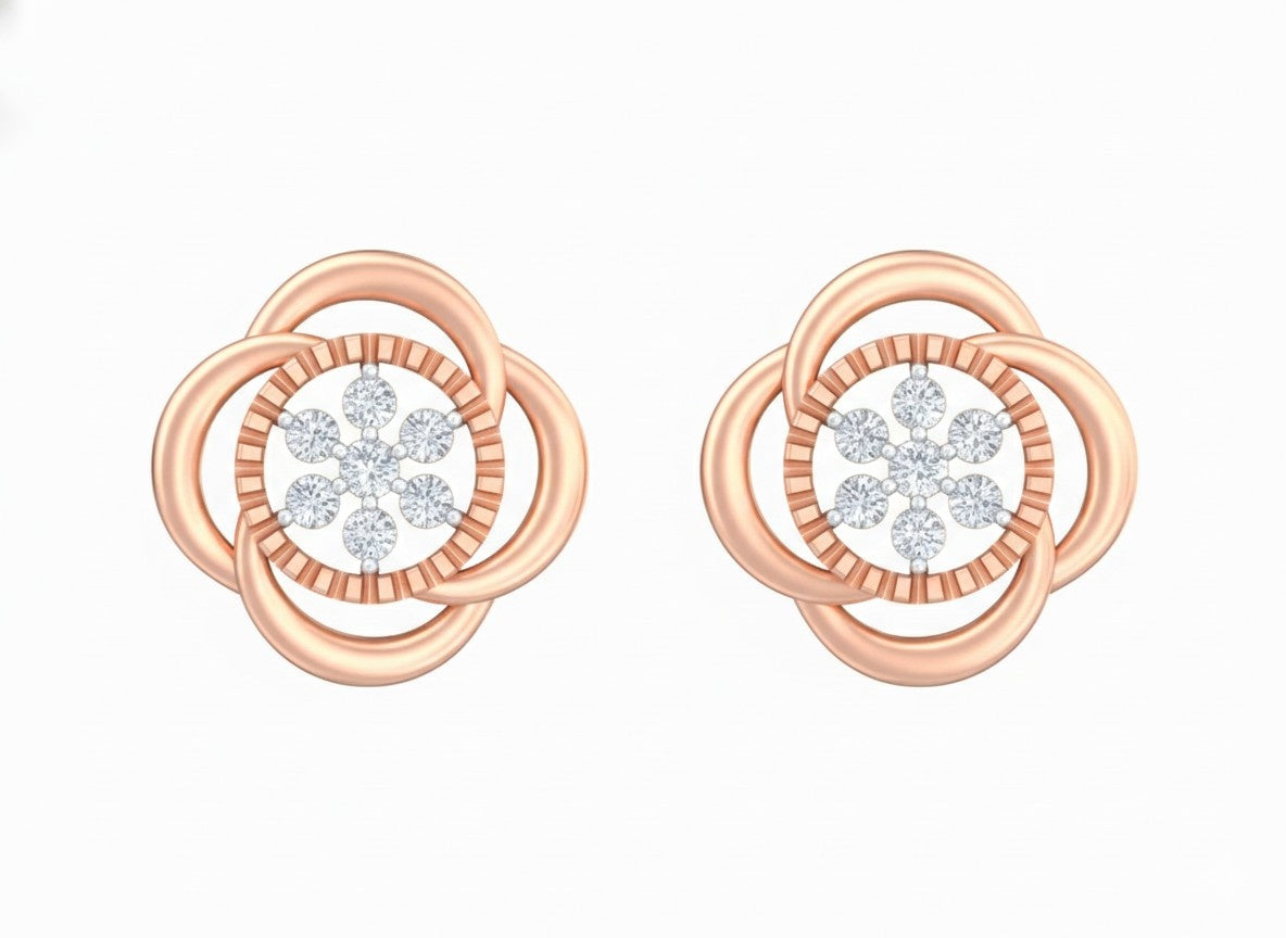 Rose gold and diamond stud earring with floral-design on a white background.