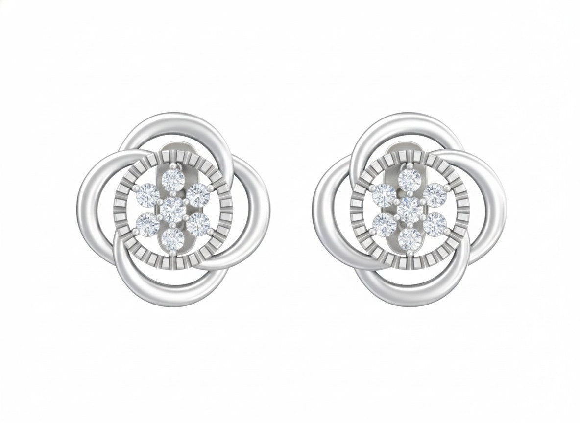 White gold and diamond stud earring with floral-design on a white background.