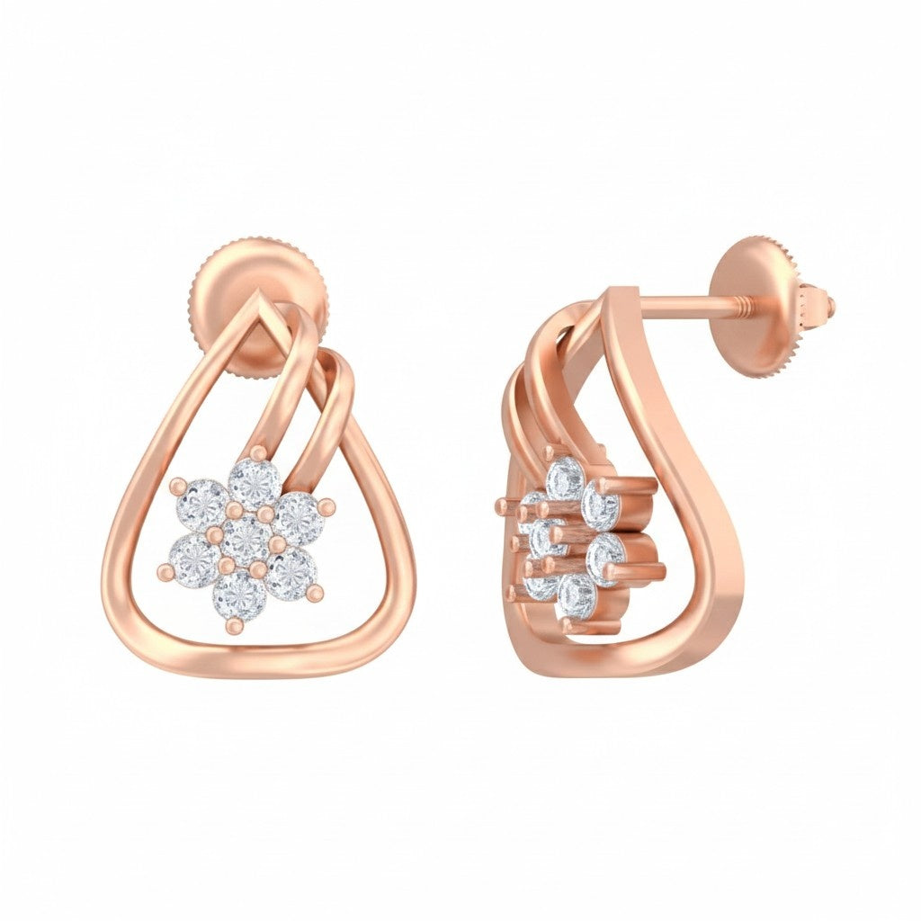 Pair of rose earrings with floral and geometric designs on a white background.