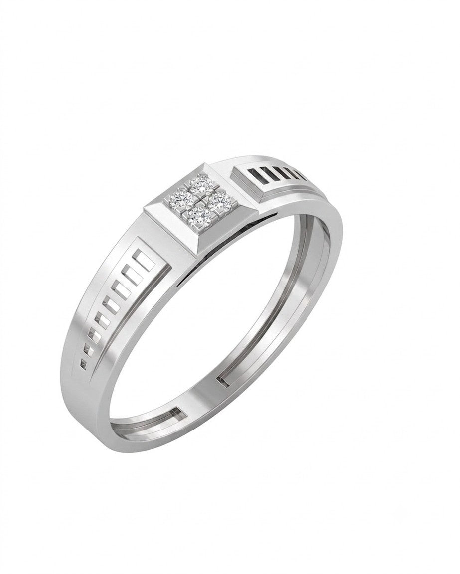 A white gold men's band ring featuring a square diamond accent on the top, with geometric cutout details on the sides, shown on a plain white background.