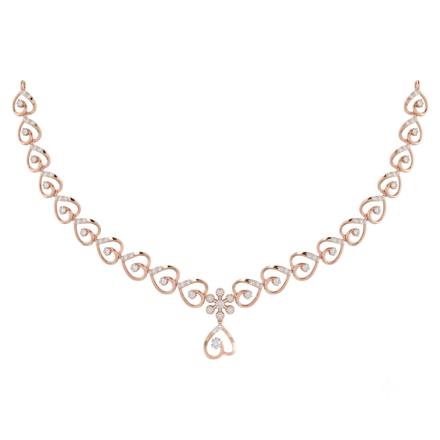 A rose gold necklace featuring a repeating heart-shaped link pattern, a central floral motif, shown on a plain white background.