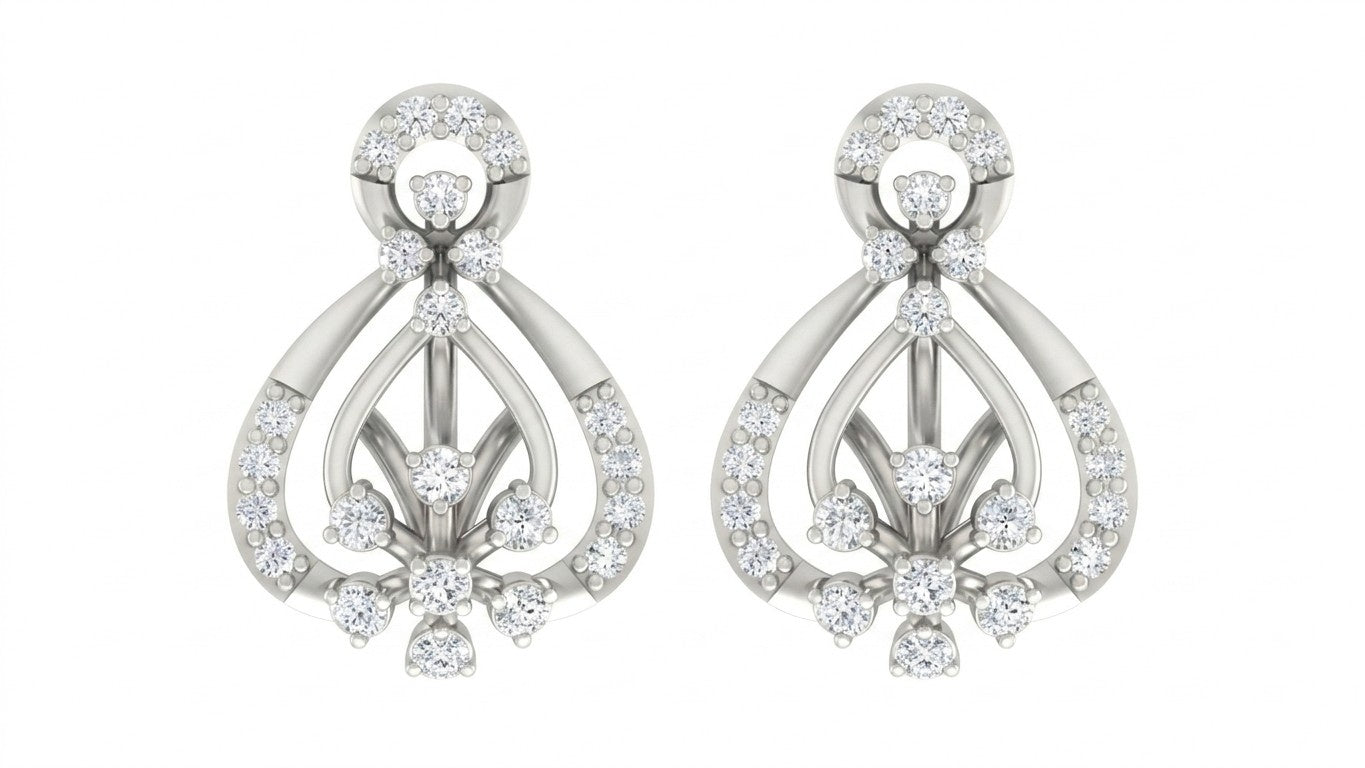 White gold and diamond stud earring with teardrop-shaped on a white background.