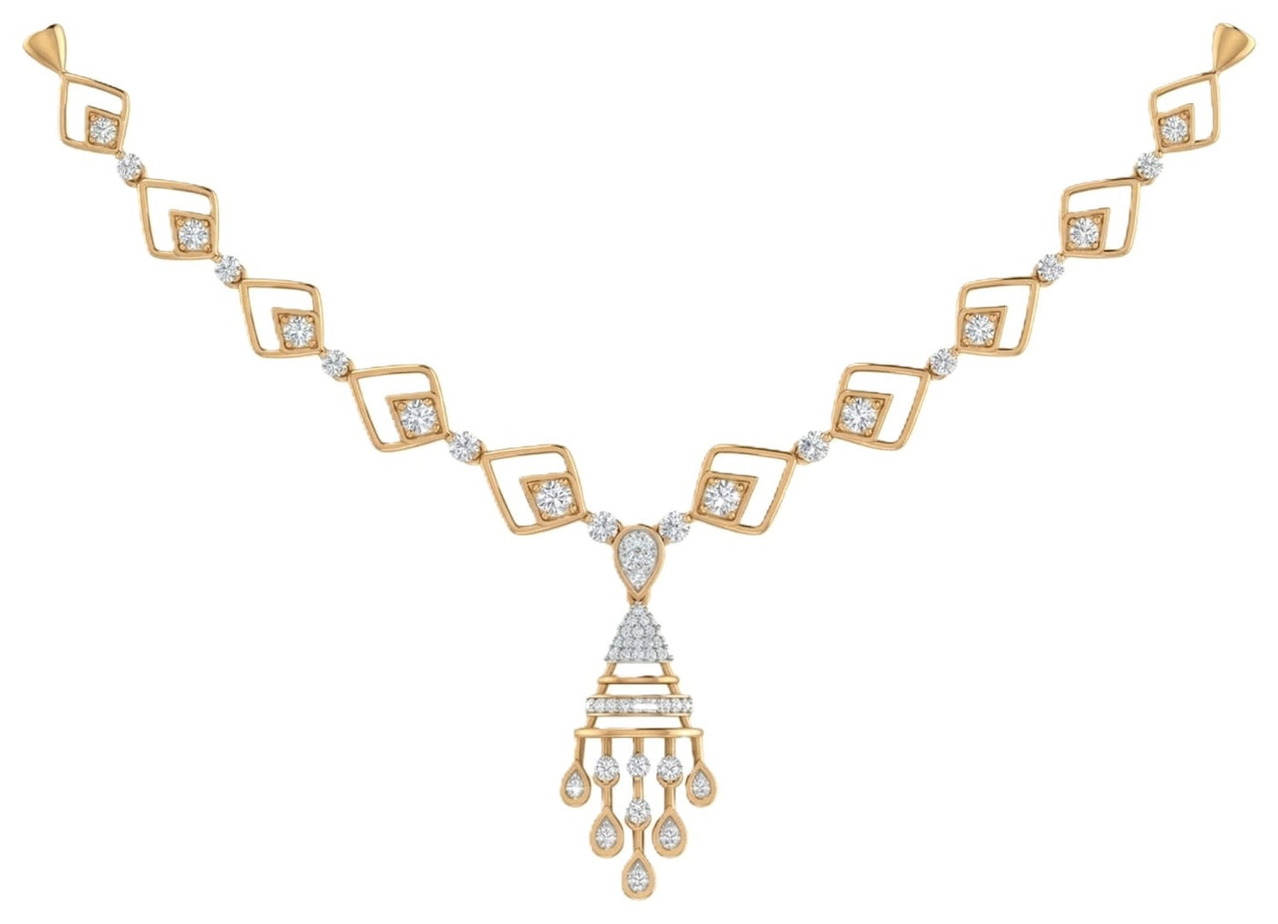 Yellow gold necklace with diamond-like stones on a white background