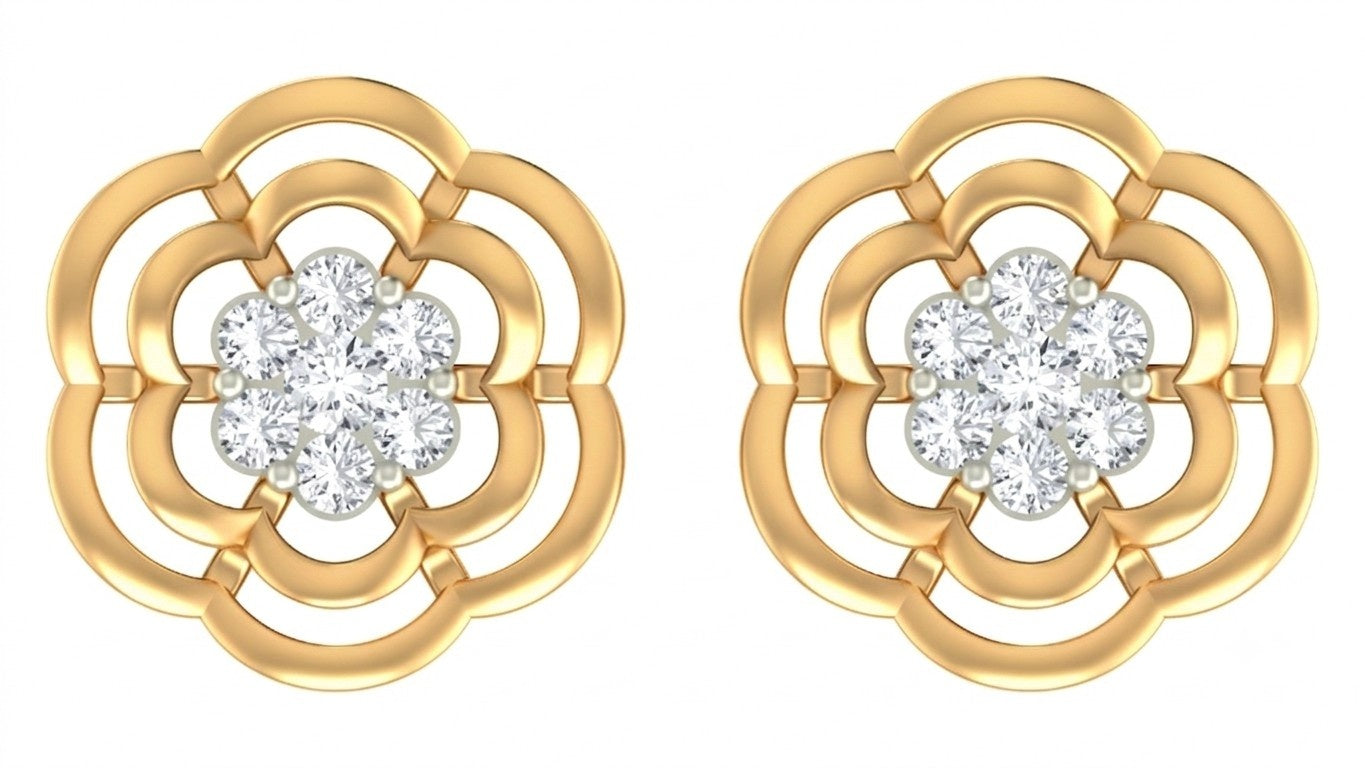 Yellow gold and diamond stud earring with floral-design on a white background.