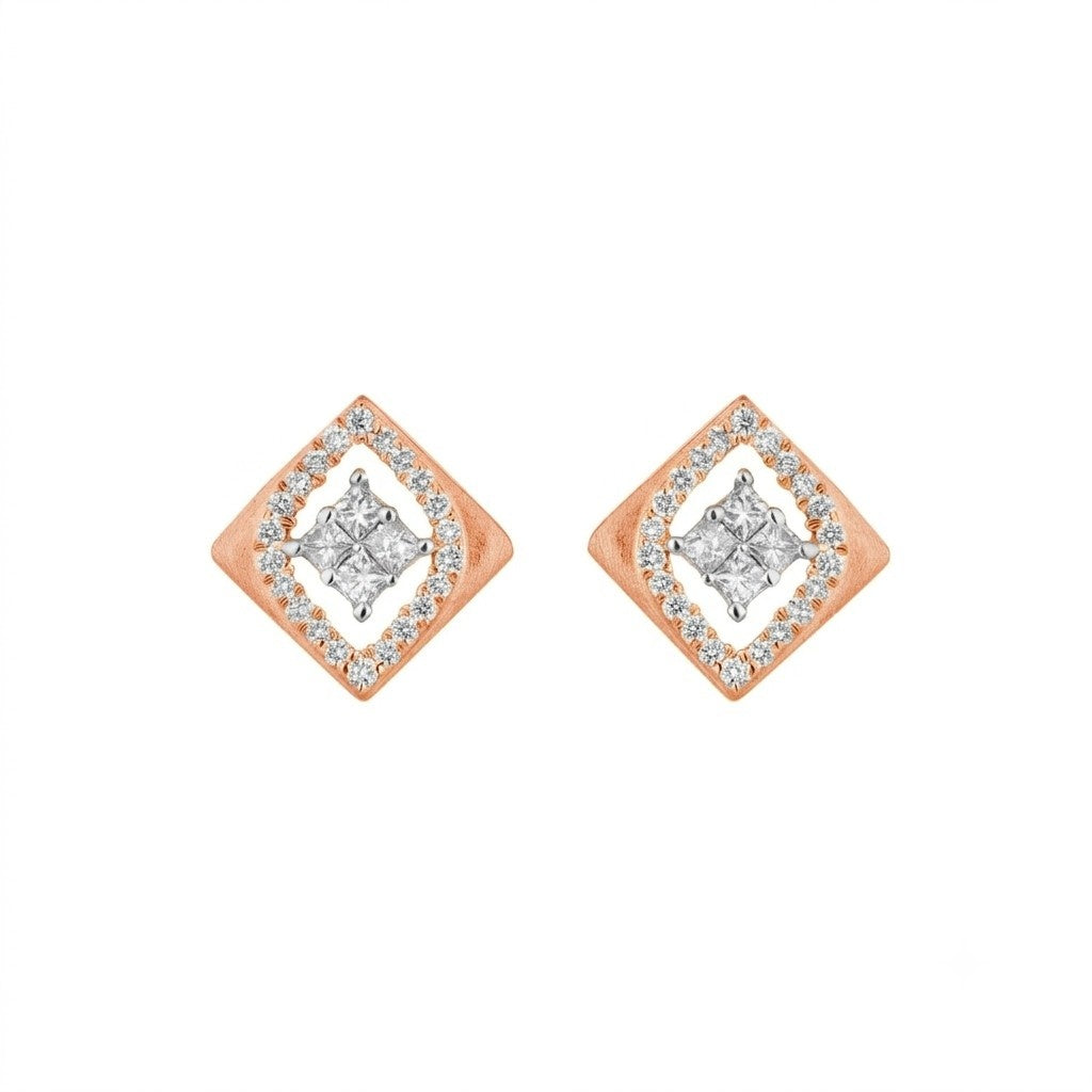Rose gold and diamond stud earring with square-shaped on a white background.
