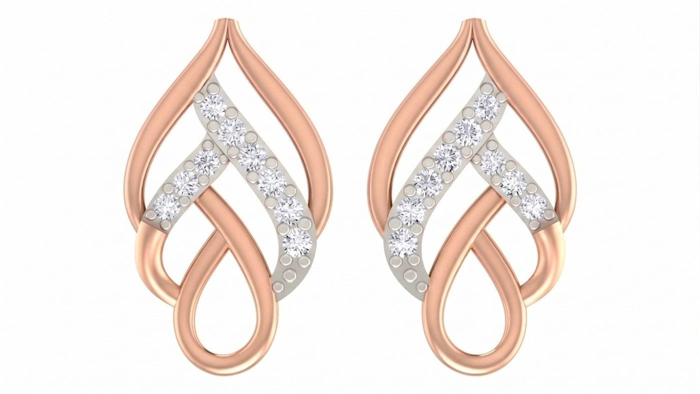 Rose gold and diamond leaf-design earring on a white background.