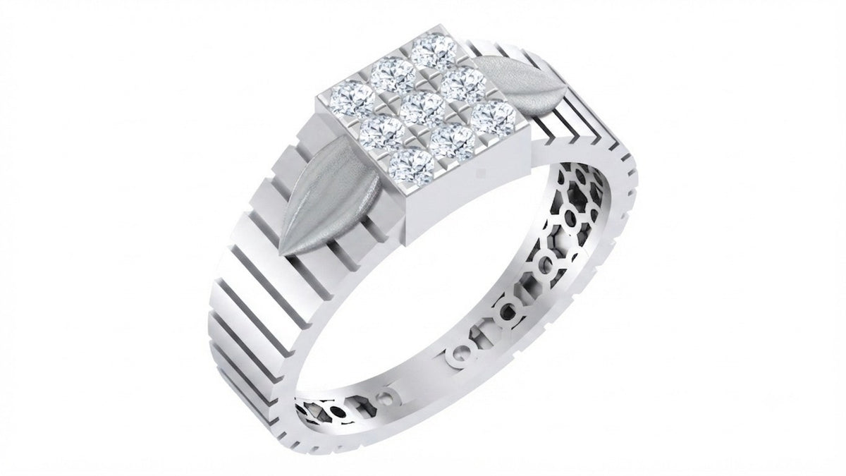 A white gold ring with a square diamond cluster, shown on a plain white background.
