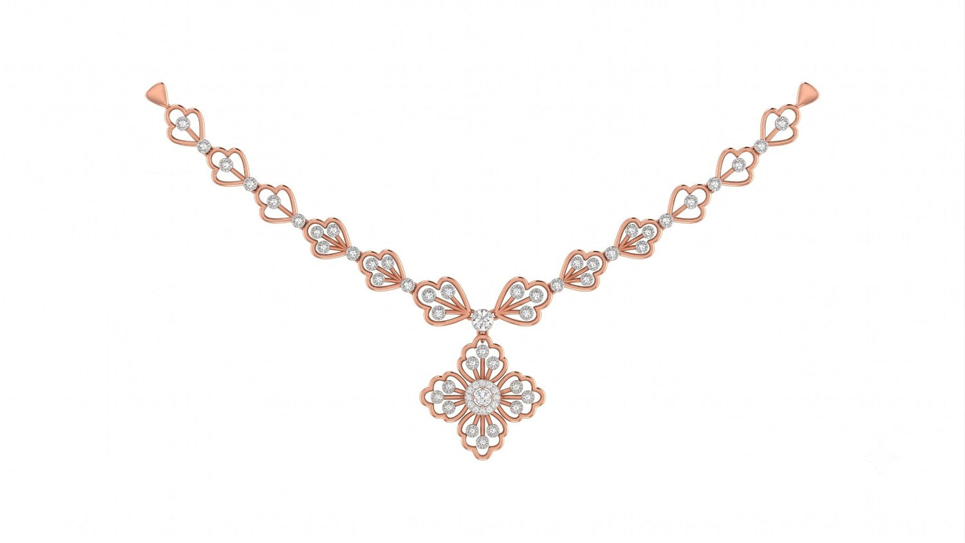 A rose gold necklace with a floral design, displayed on a solid white background.