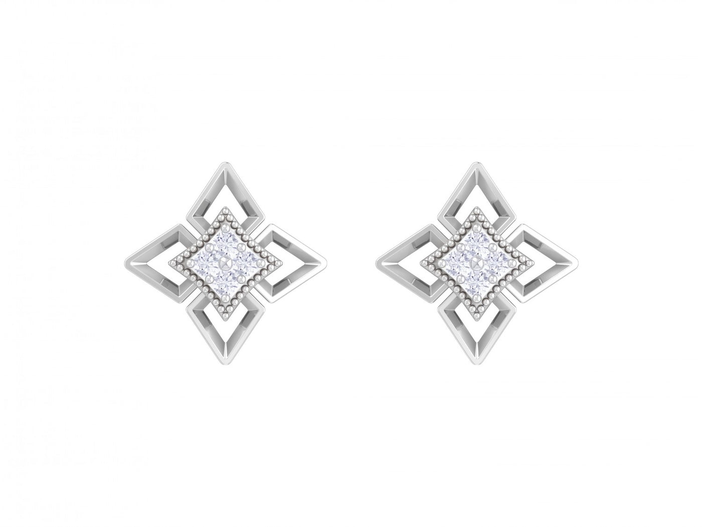 White gold and diamond stud earrings on a white background.