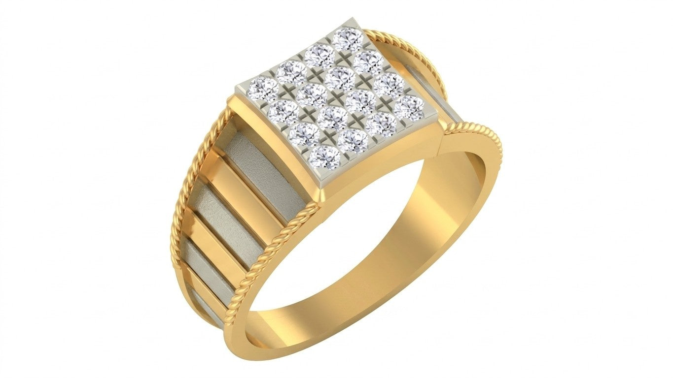 A men's yellow gold ring featuring a square diamond cluster setting with a central round diamond, shown on a plain white background.