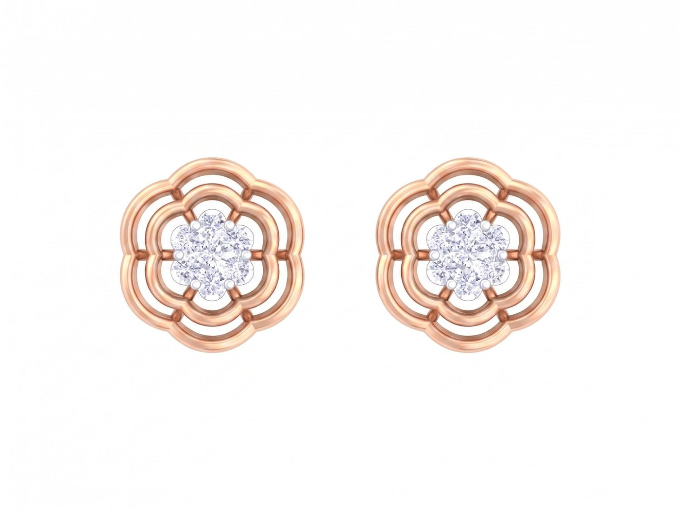Rose gold and diamond  stud earrings with floral design on a white background