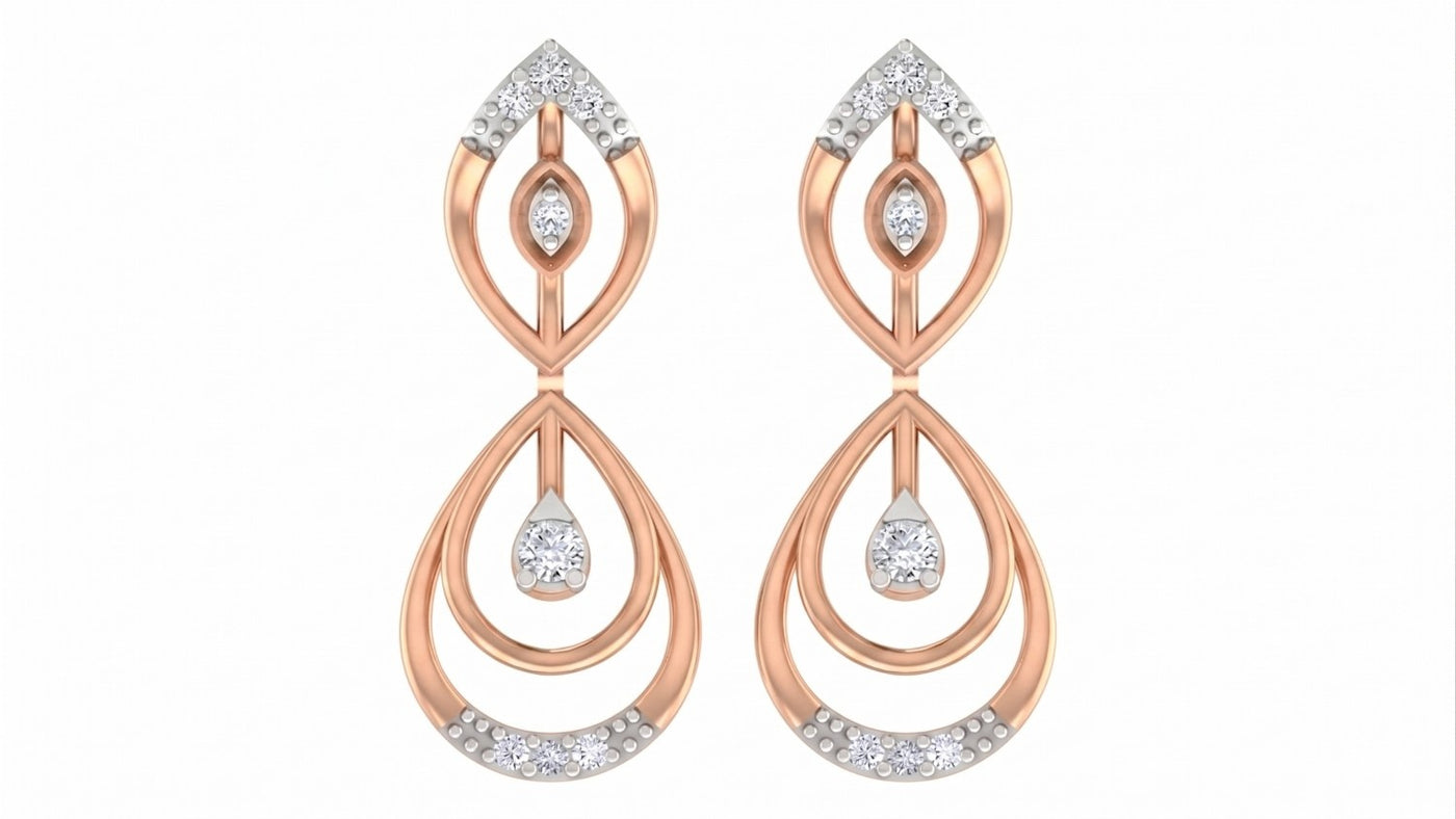 Rose gold and diamond drop earrings with teardrop design on a white background