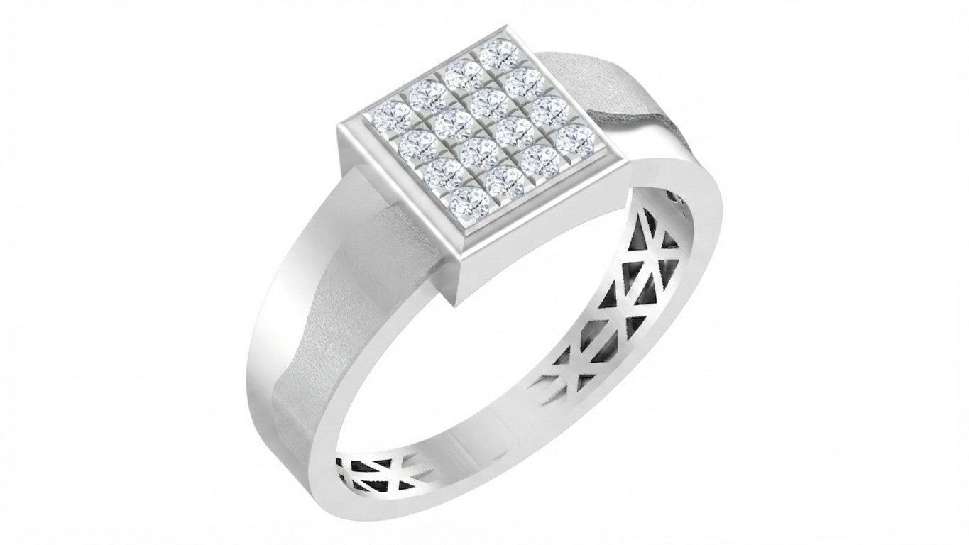 A square diamond ring in white gold with a square design, shown on a plain white background.