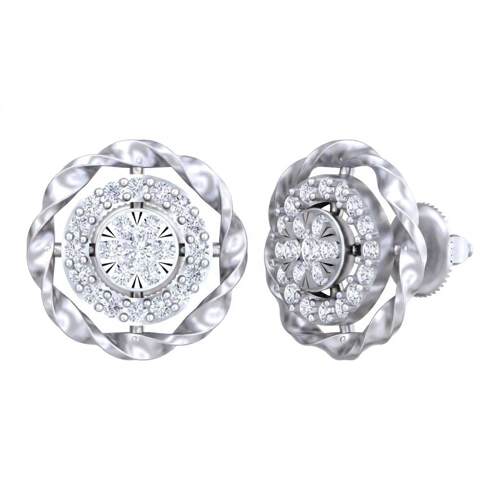 Pair of white gold and diamond halo-shaped stud earrings on a white background.