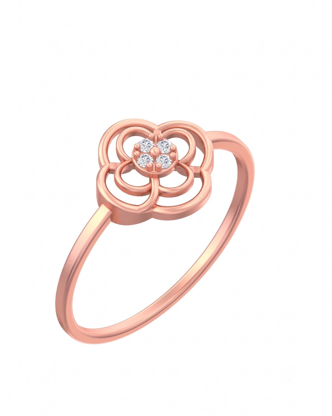Rose gold ring with a floral design and embedded diamonds on a white background

