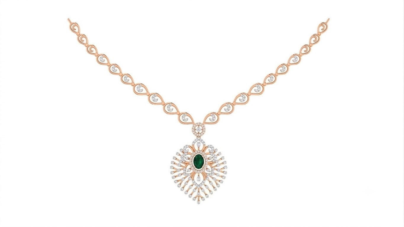 A rose gold and diamond necklace featuring a central green gemstone, displayed on a solid white background.
