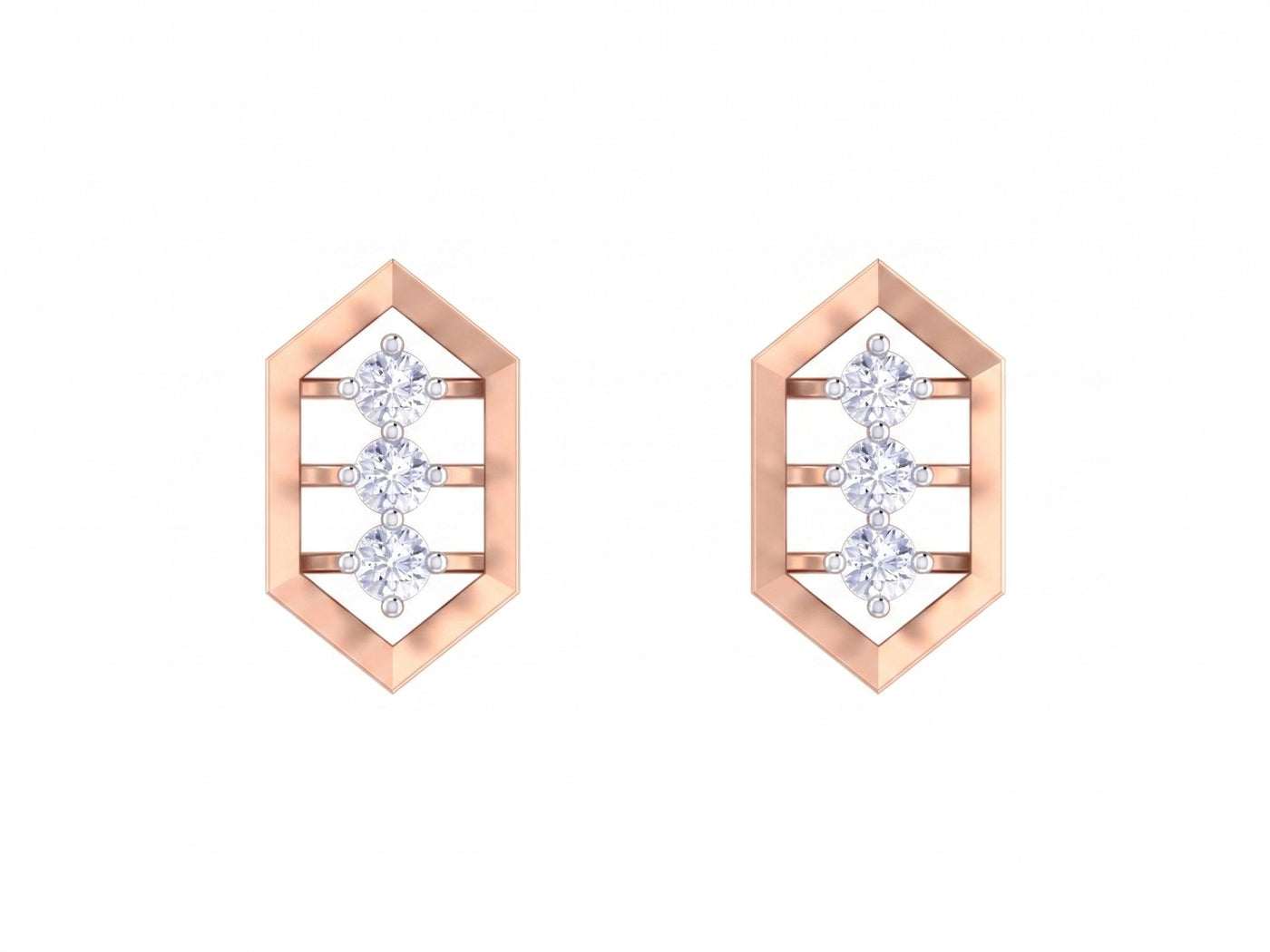 Rose gold and diamond Geometric stud earring on a white background.