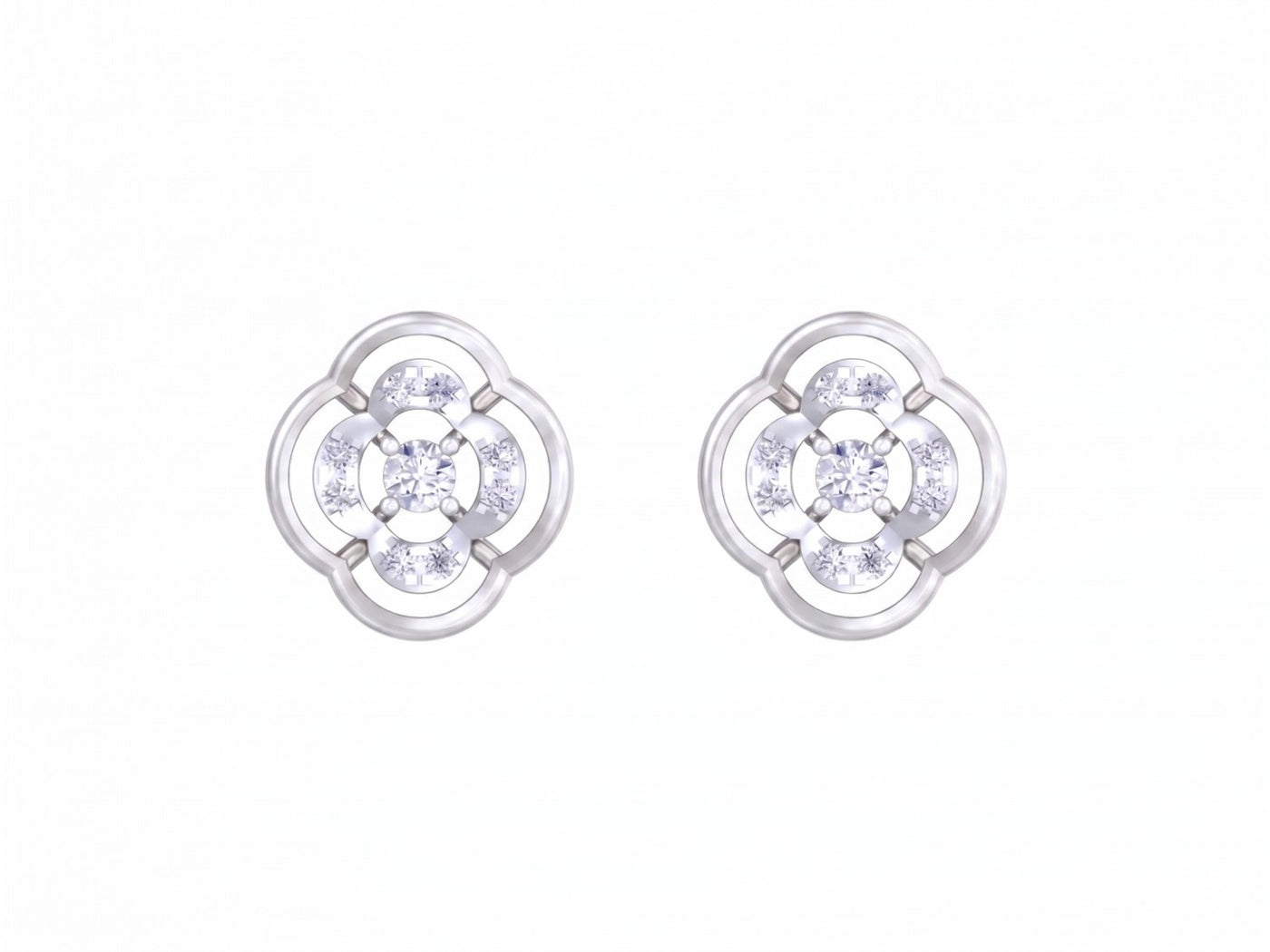 White gold and diamond floral stud earrings on a white background