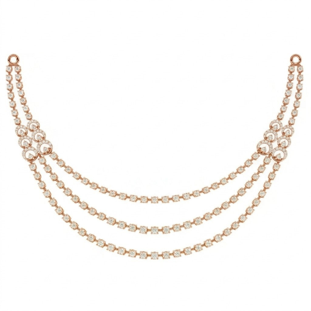 A three-strand rose gold and diamond draped necklace on a white background