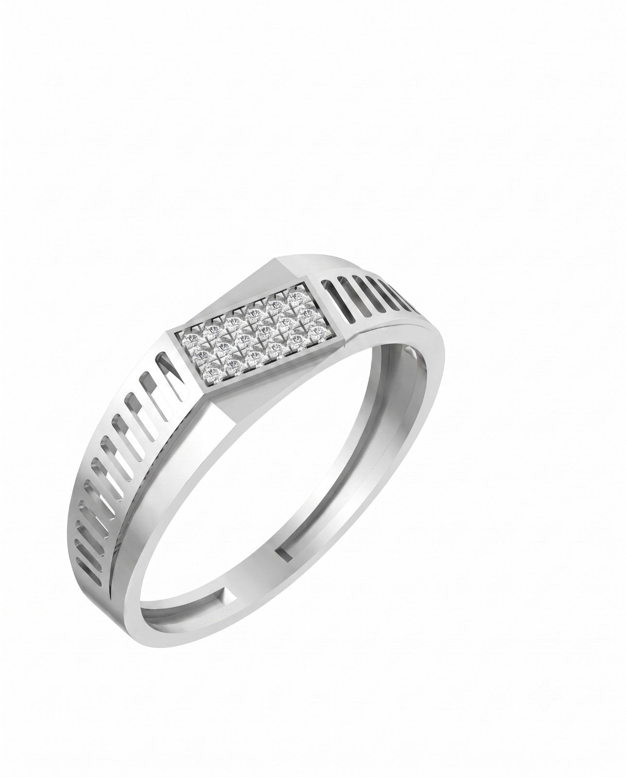 A white gold men's ring featuring a rectangular pavé diamond center on a white background.