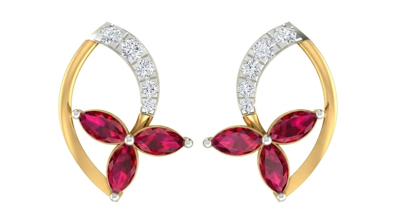 Yellow gold and diamond stud earring with ruby gemstone on a white background.
