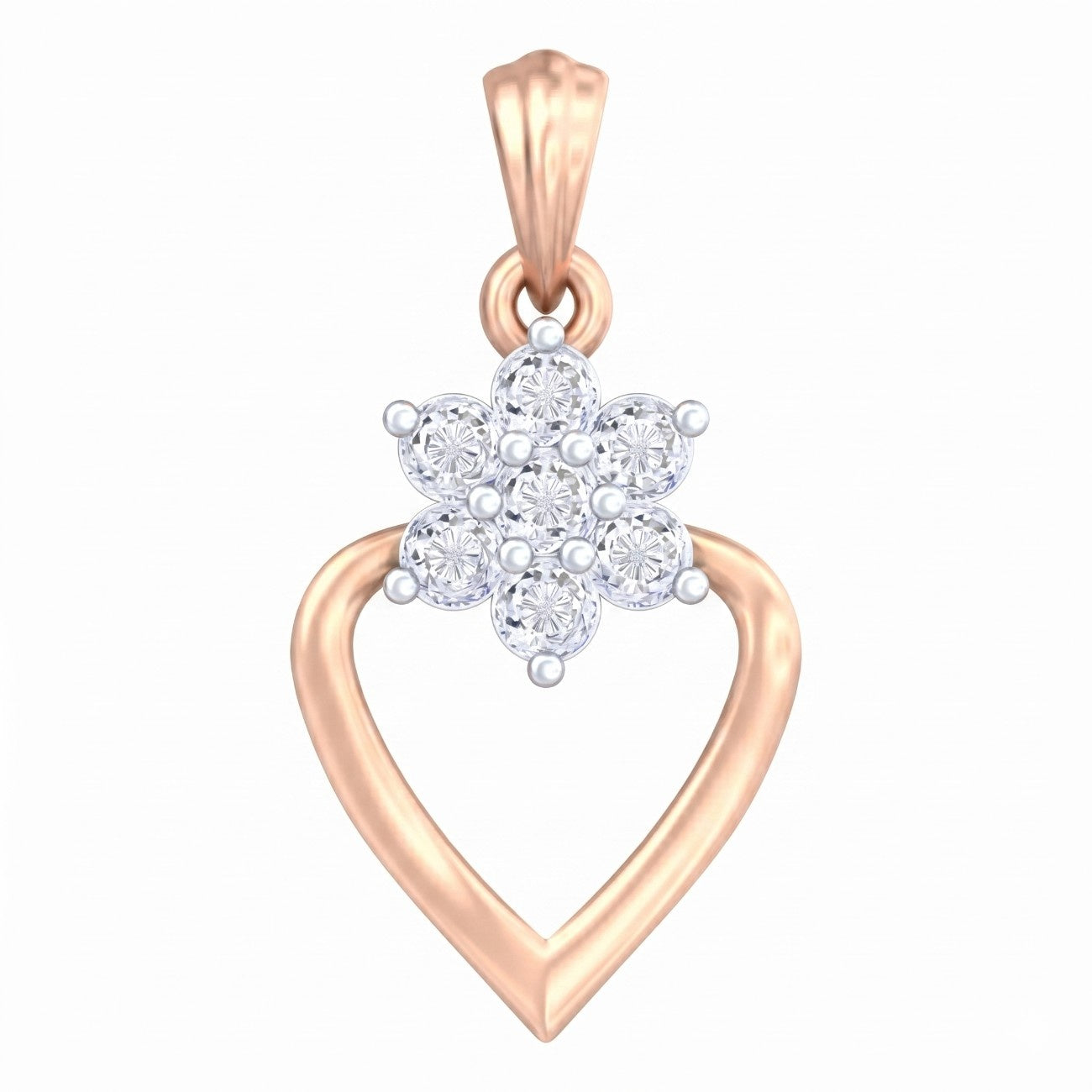 Rose gold and diamond pendant on white background
