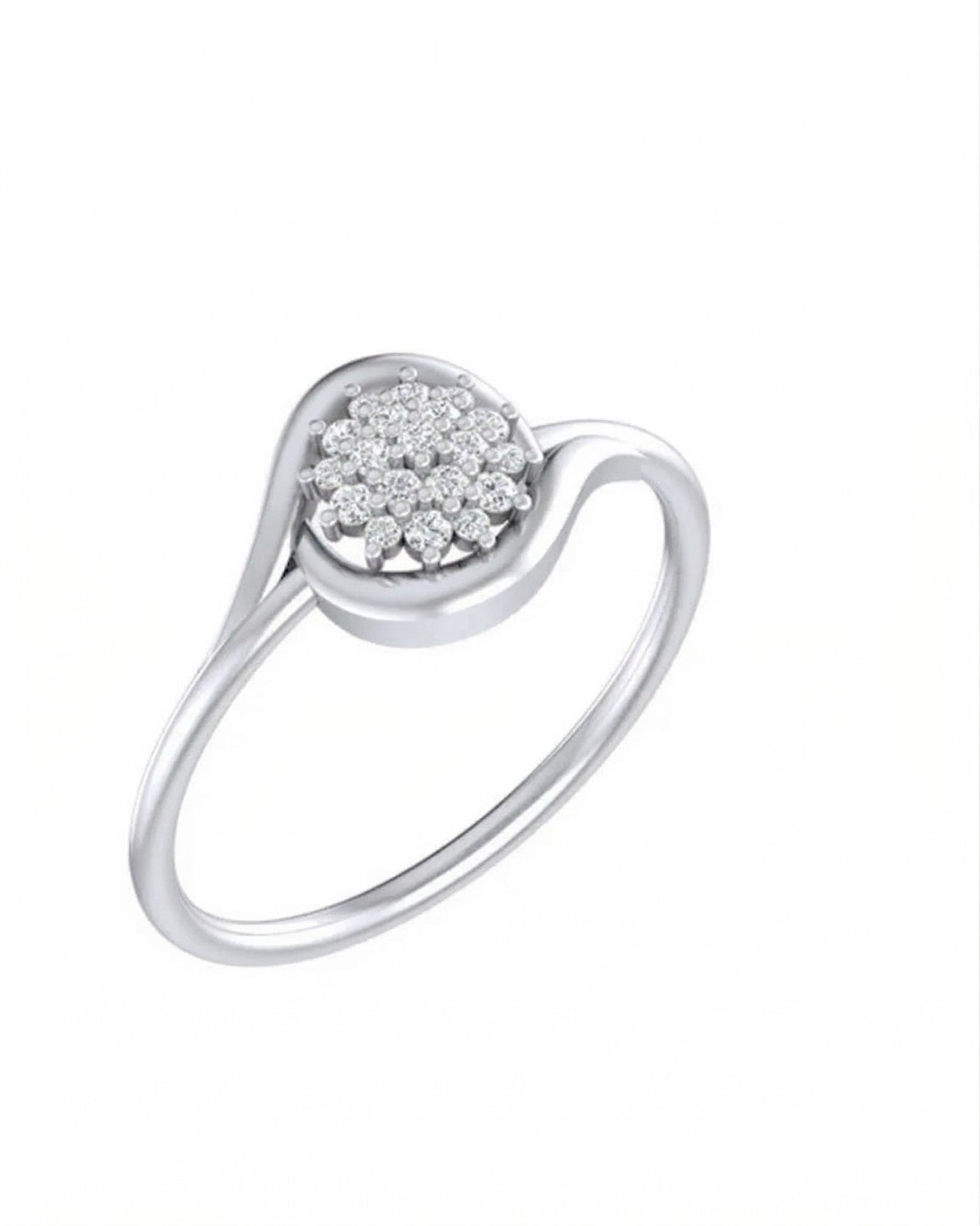 White gold ring with diamond cluster on a white background
