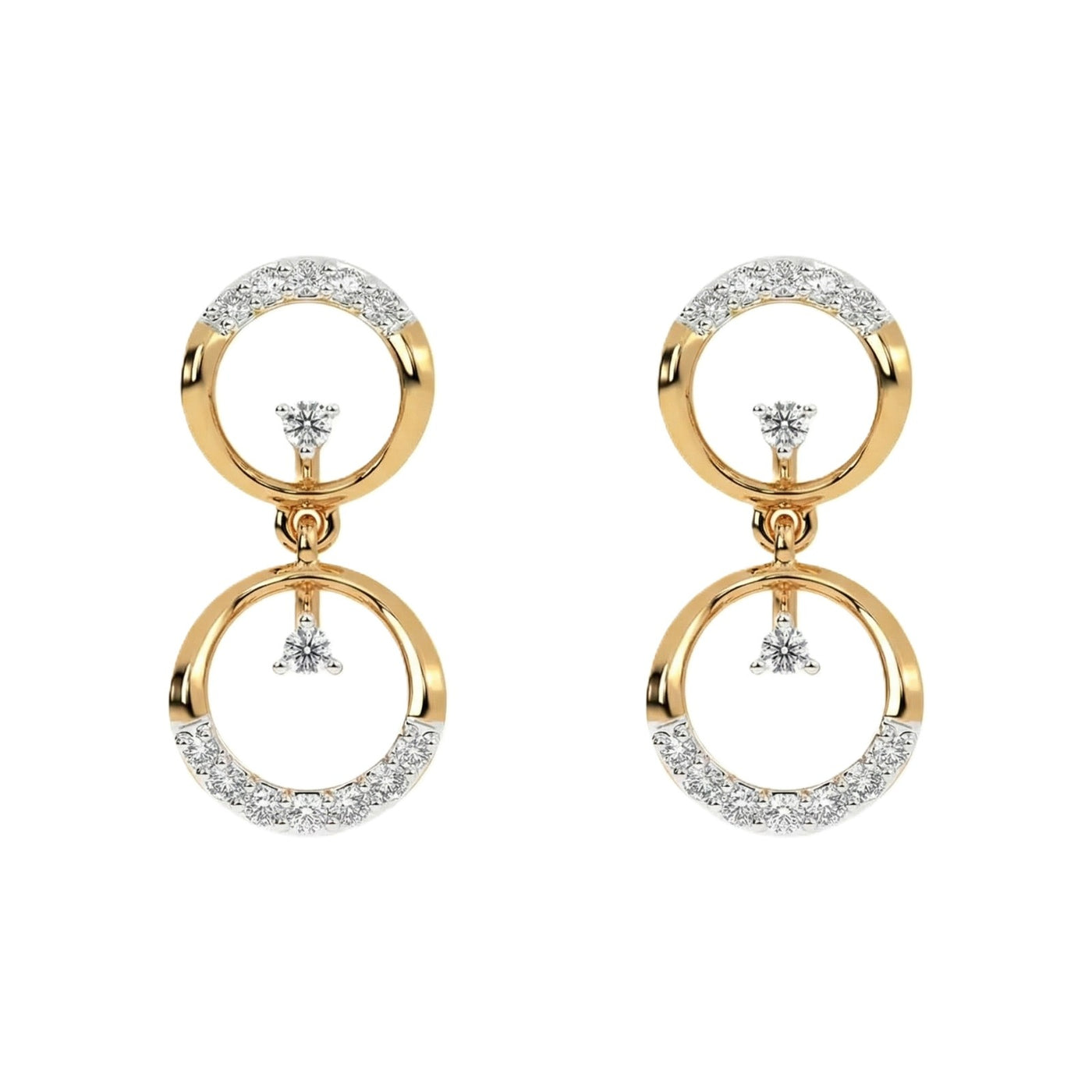 Yellow gold and diamond earrings with circular designs on a white background