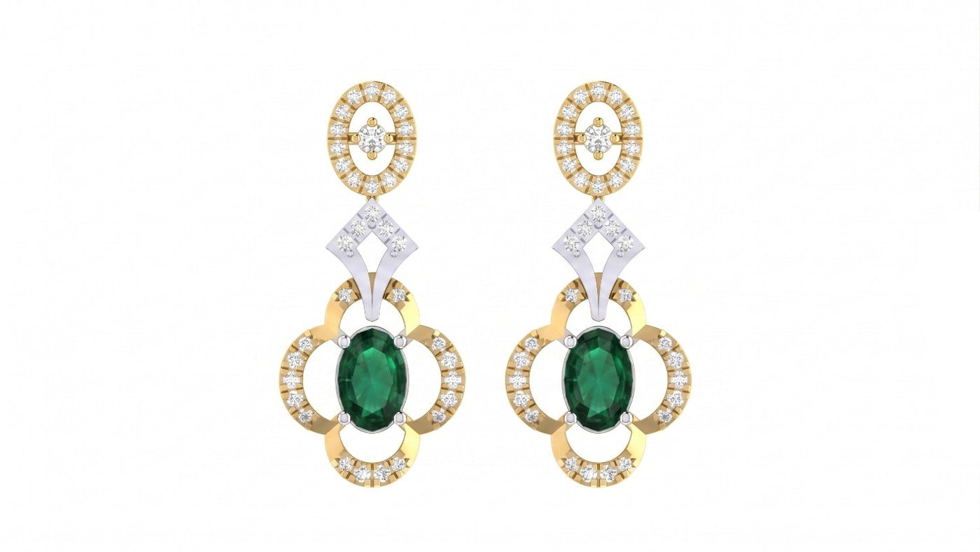 Pair of yellow gold earrings with green gemstones and rose gold and silver accents on a white background