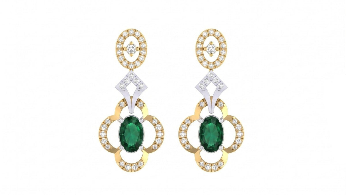 Pair of yellow gold and diamond earrings with green gemstones on a white background.