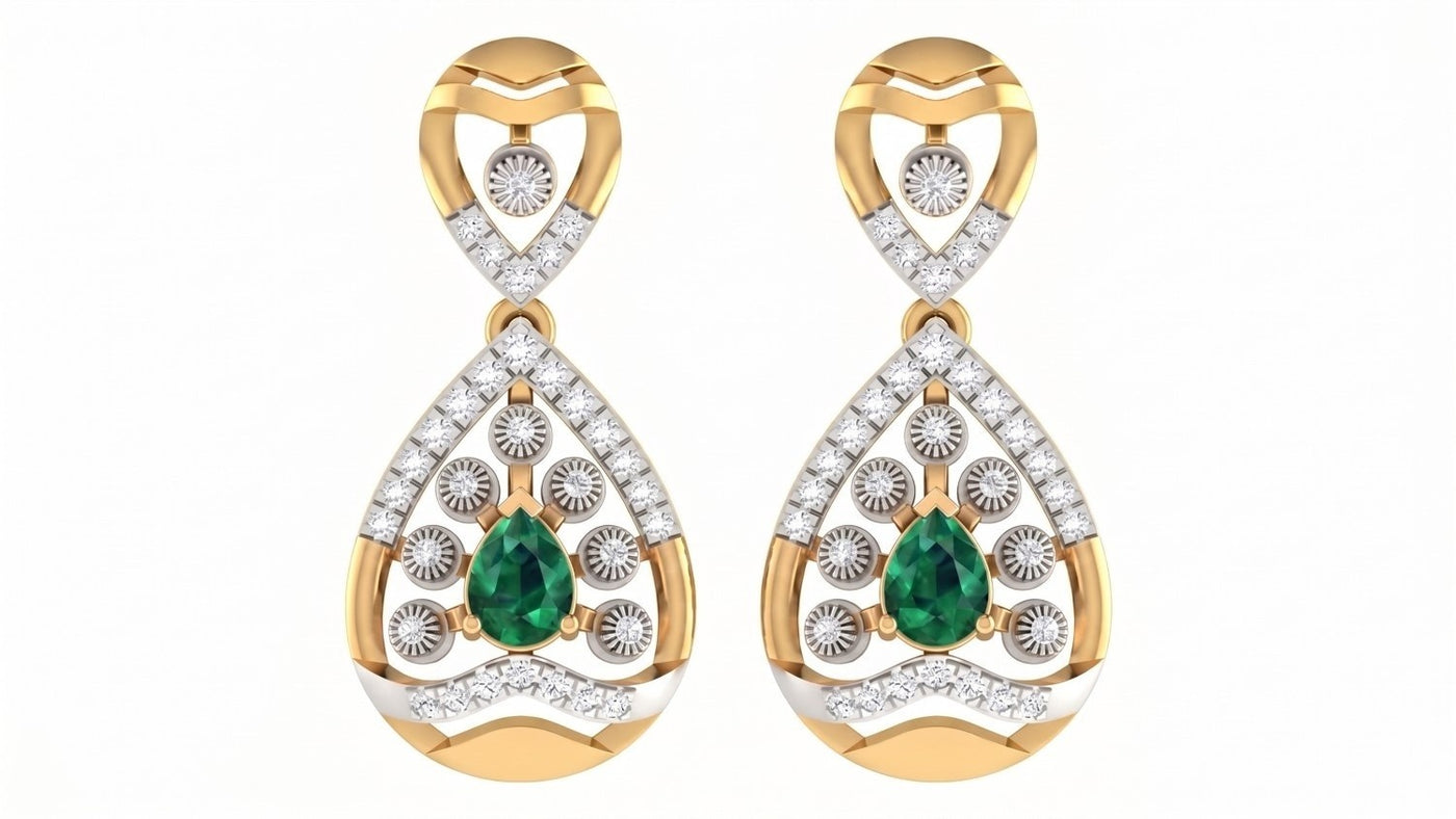 Pair of yellow gold and diamond gemstone earrings on a white background