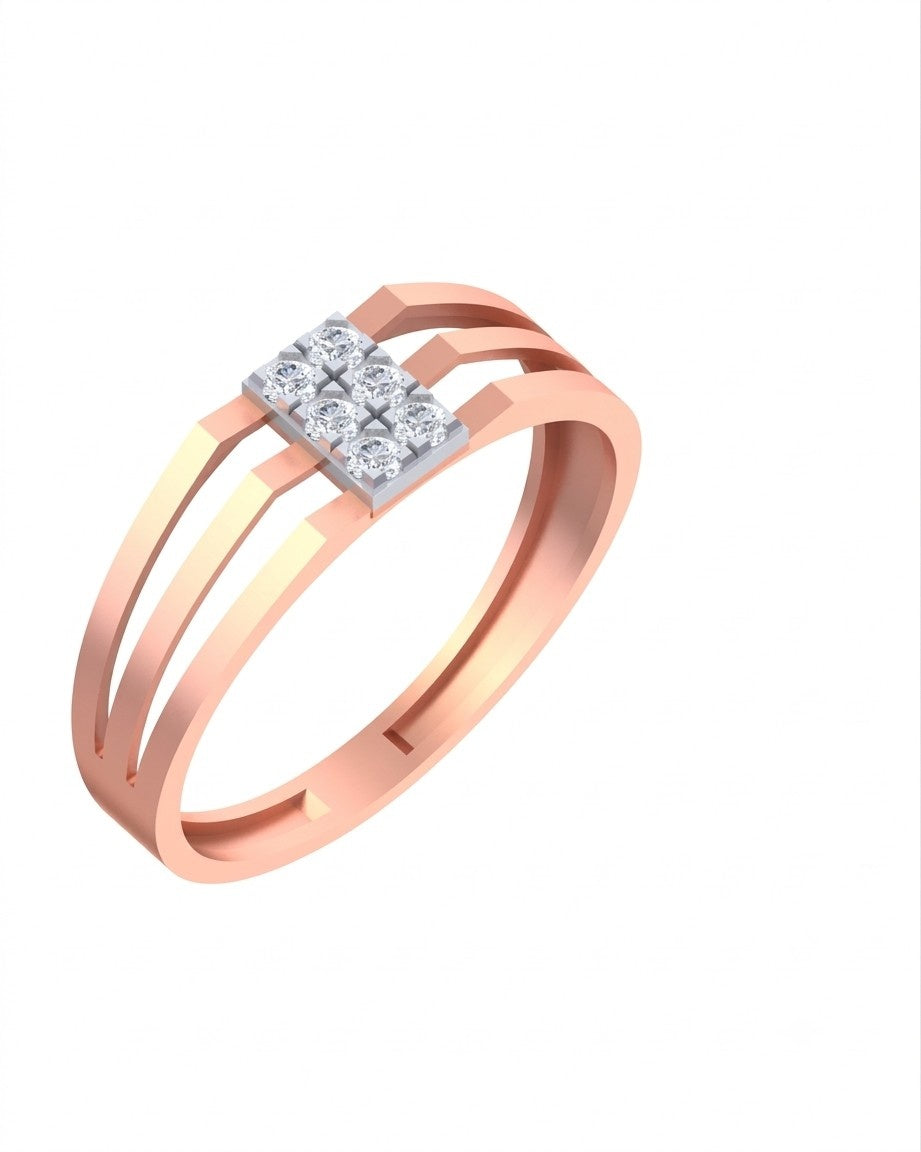 A rose gold and diamond band ring with a square cluster on a white background.