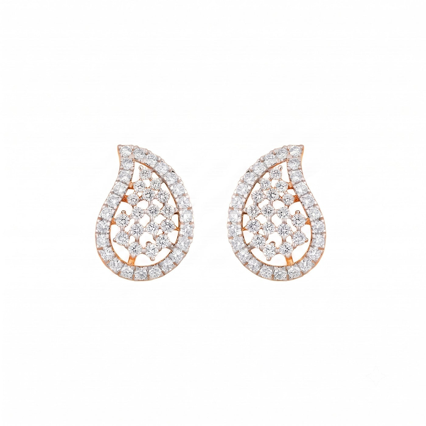 Pair of teardrop-shaped white gold earrings with diamond accents on a white background

