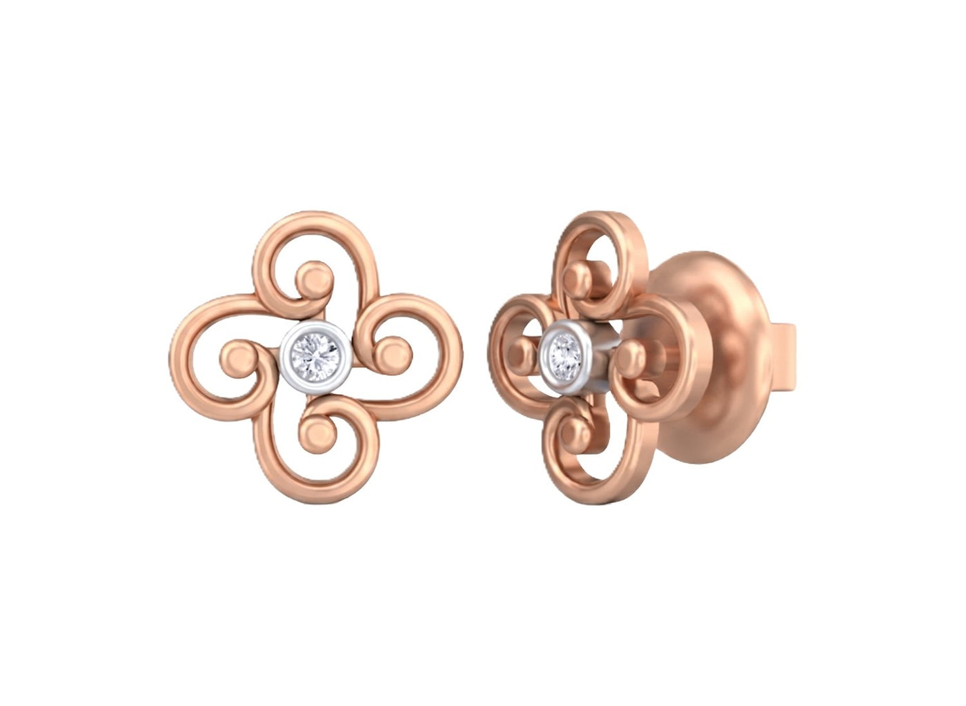 Rose gold and diamond floral stud earring on a white background