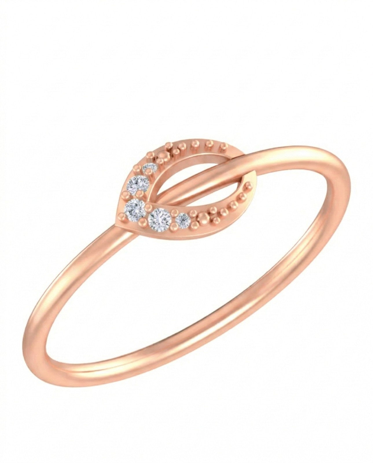 Rose gold ring with diamond accents on a white background