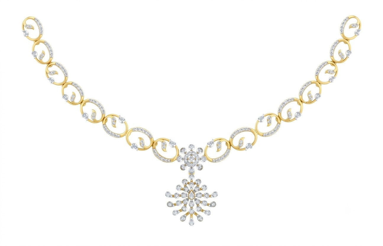A yellow gold and diamond necklace featuring repeating oval links paved, shown on a plain white background.