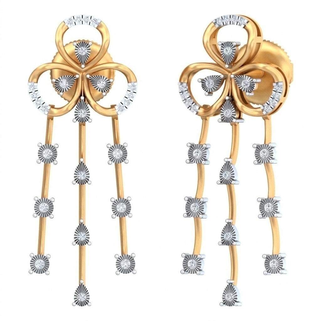 Yellow gold and diamond dangler earring with floral-shaped on a white background.