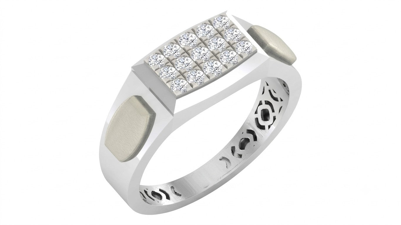 A men's white gold ring with a rectangular diamond cluster center, shown on a white background.