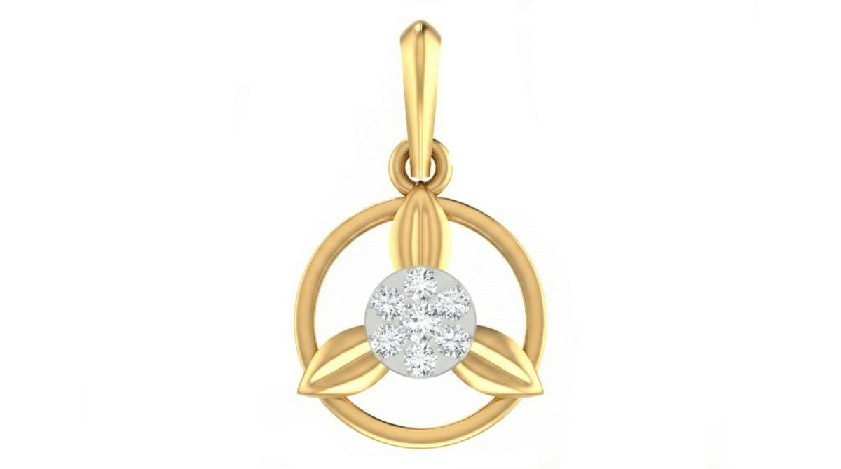 Yellow gold pendant with a diamond on a white background