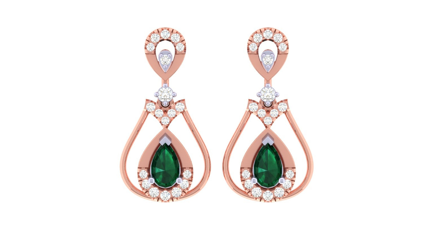 Rose gold and diamond drop earring with emerald gemstone on a white background.