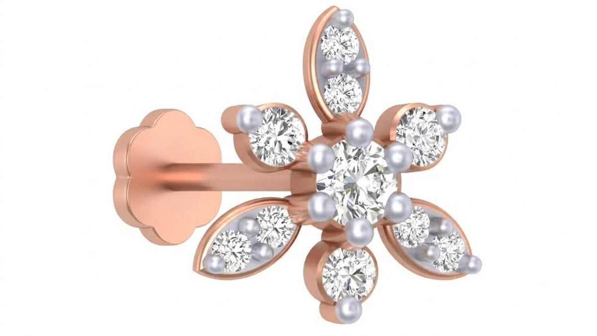 Rose gold and diamond stud nose pin on a white background