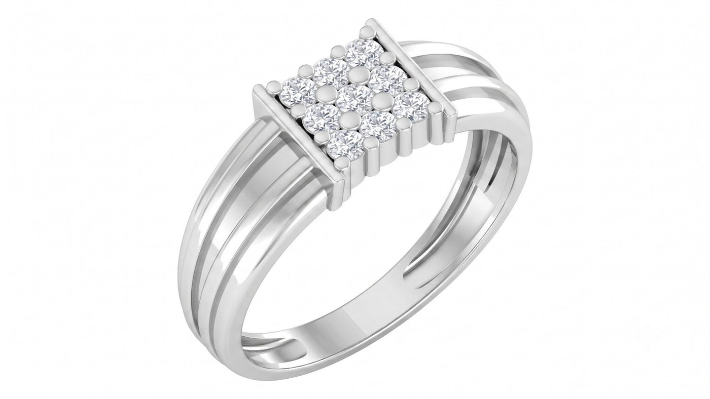 A white gold and diamond ring featuring a square cluster diamonds, set against a plain white background.