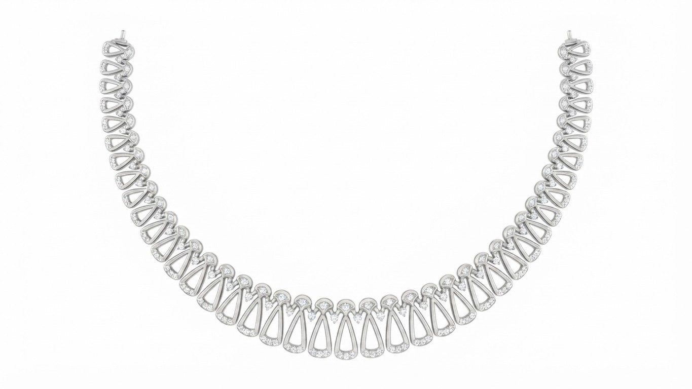 A white gold and floral necklace with a repeating pattern of teardrop-shaped, displayed against a solid white background.