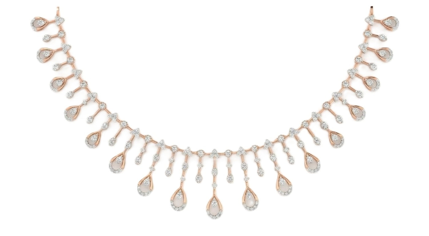 Rose gold necklace with teardrop-shaped diamonds on a white background