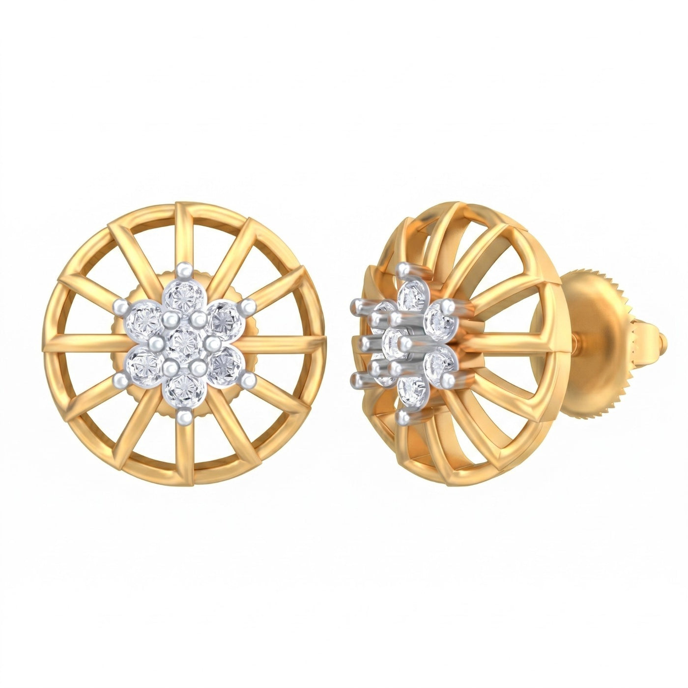 Yellow gold and diamond stud earring with round-shaped on a white background.