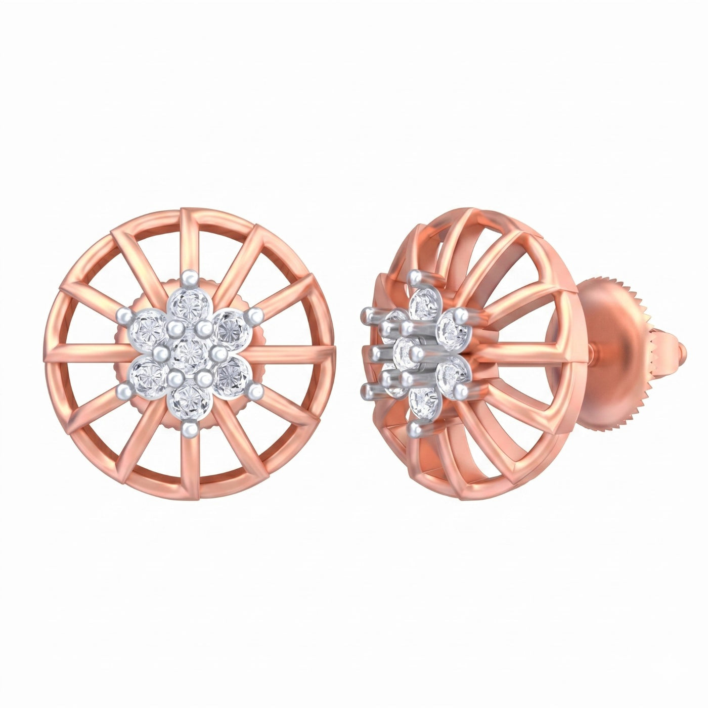 Rose gold and diamond stud earring with round-shaped on a white background.