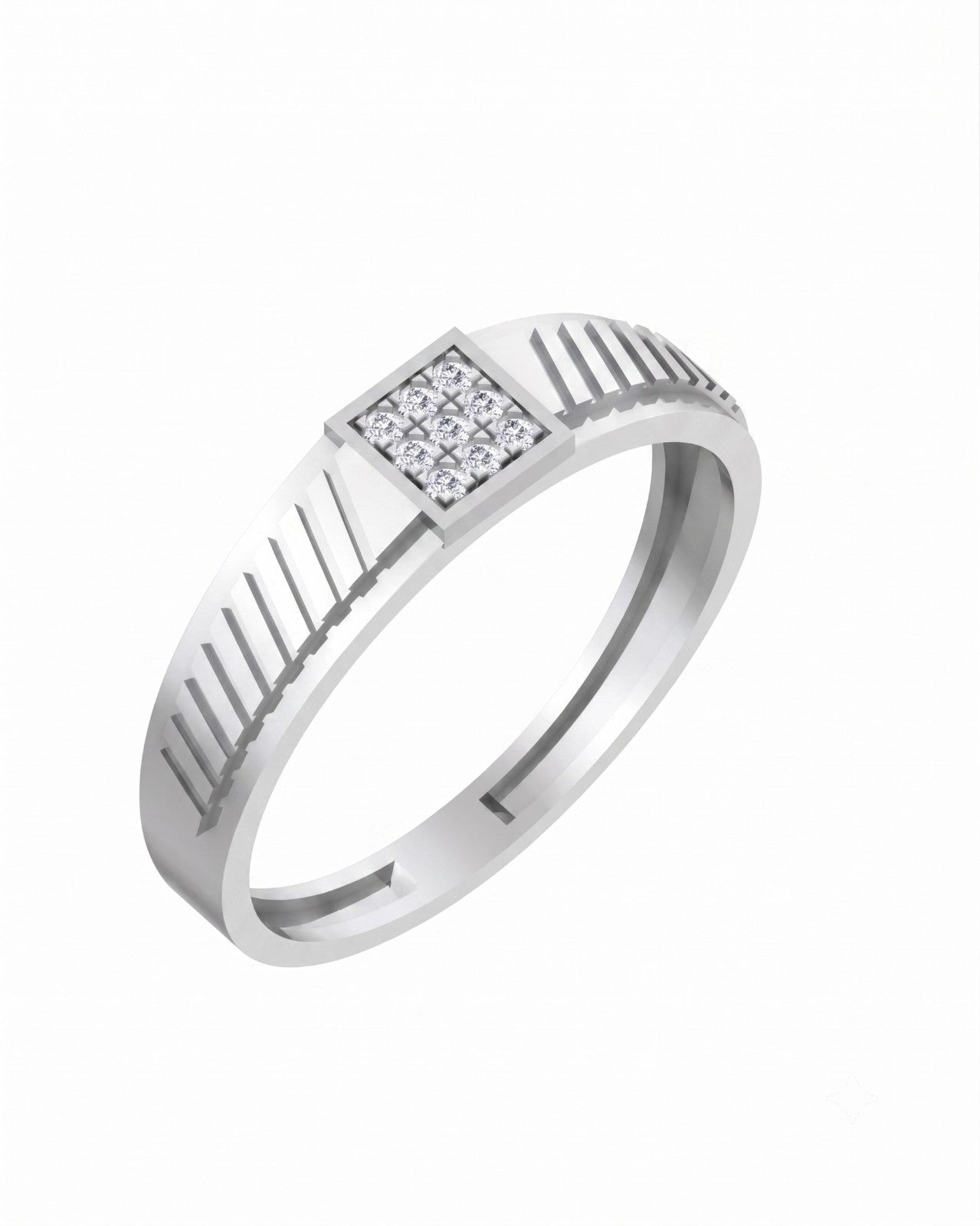 A white gold ring with a square diamond center and textured band, shown on a plain white background.